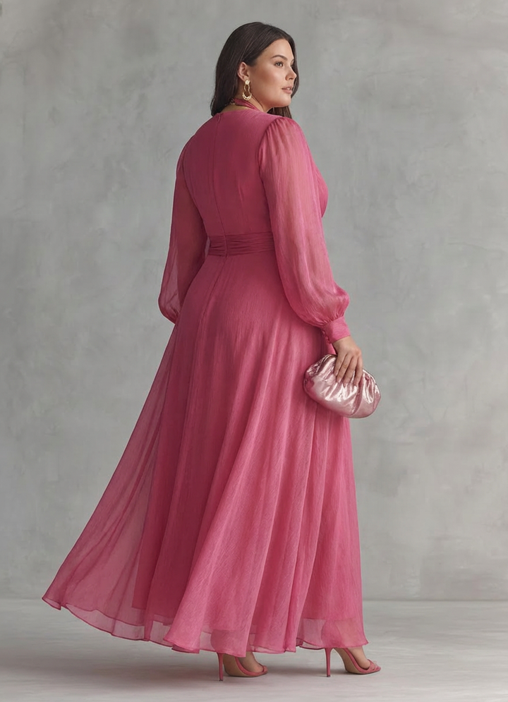 Elegante lange roze chiffon jurk met parels en V-hals voor dames