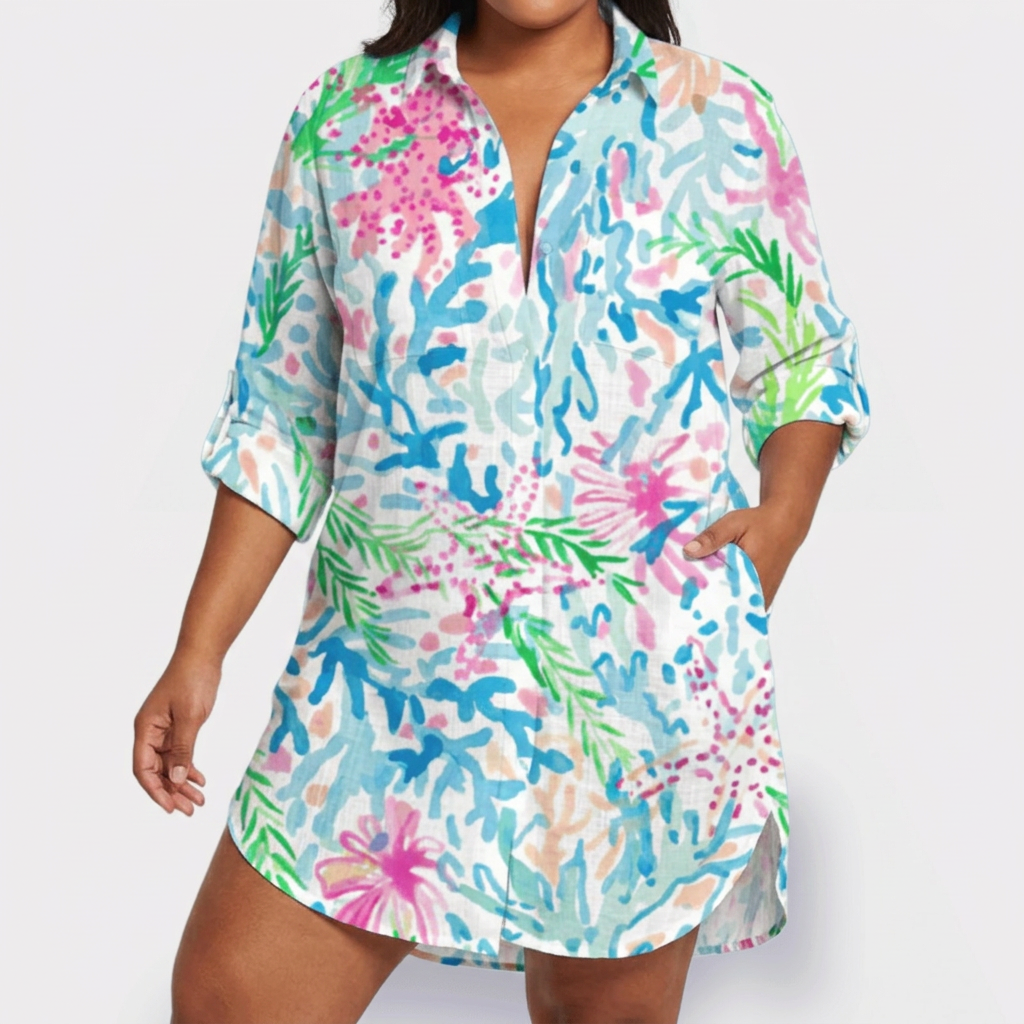 Pemberley | Dames Katoenen Print Kraag Lange Mouwen Shirt Jurk