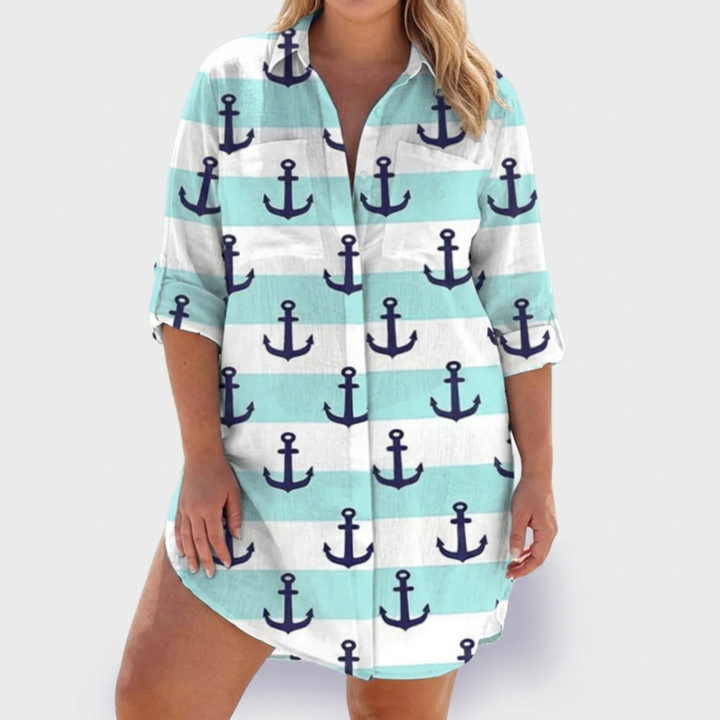 Pemberley | Dames Katoenen Print Kraag Lange Mouwen Shirt Jurk