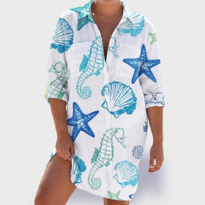 Pemberley | Dames Katoenen Print Kraag Lange Mouwen Shirt Jurk