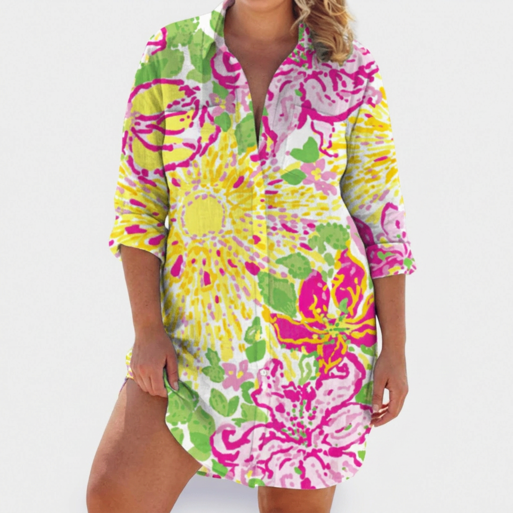 Pemberley | Dames Katoenen Print Kraag Lange Mouwen Shirt Jurk