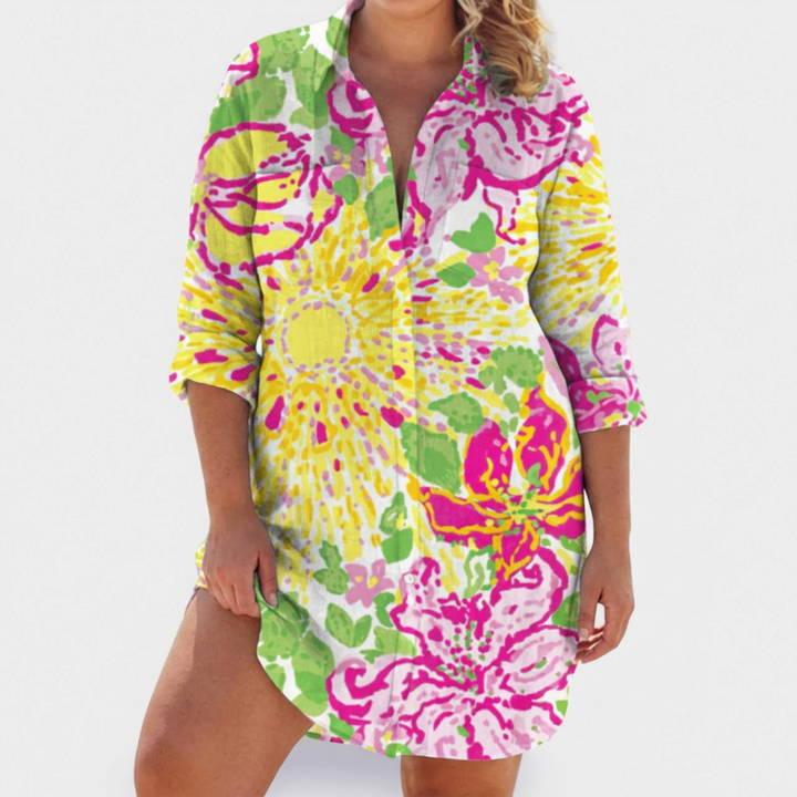 Pemberley | Dames Katoenen Print Kraag Lange Mouwen Shirt Jurk