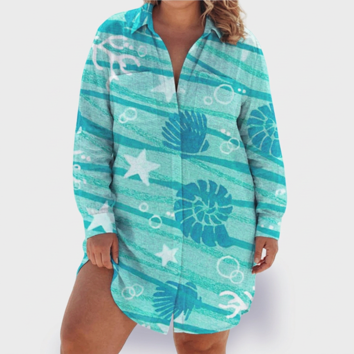 Pemberley | Dames Katoenen Print Kraag Lange Mouwen Shirt Jurk