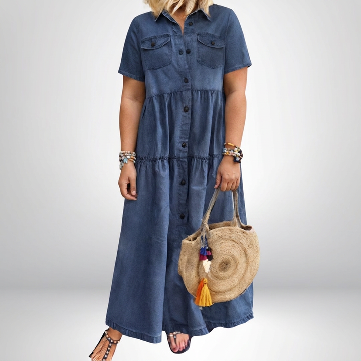 Leontine | Dames Denim Tiered Shirt Maxi Jurk