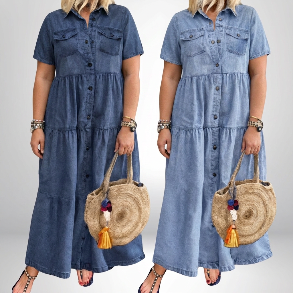 Leontine | Dames Denim Tiered Shirt Maxi Jurk
