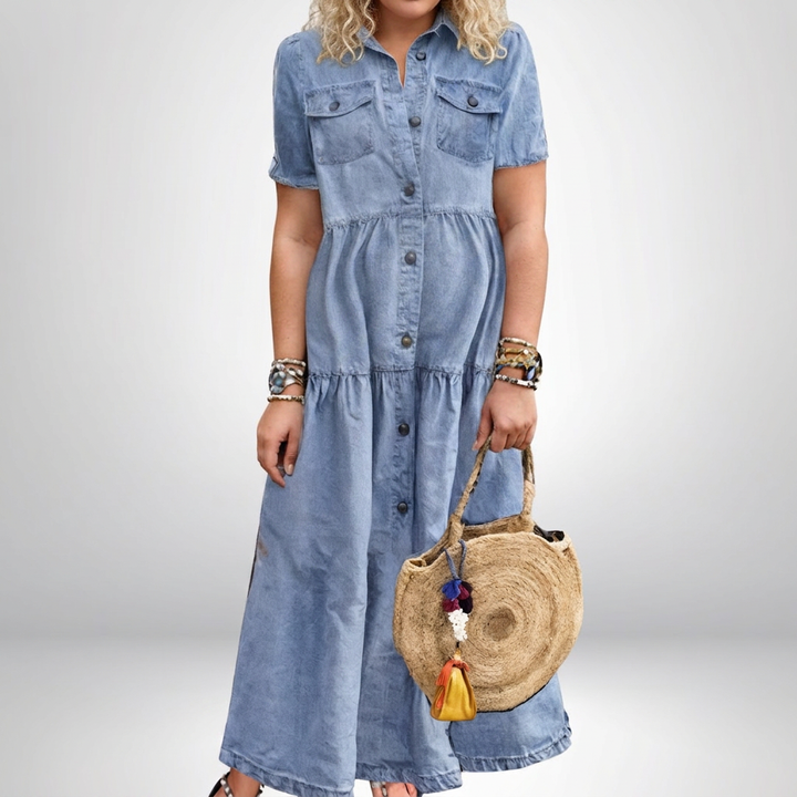 Leontine | Dames Denim Tiered Shirt Maxi Jurk