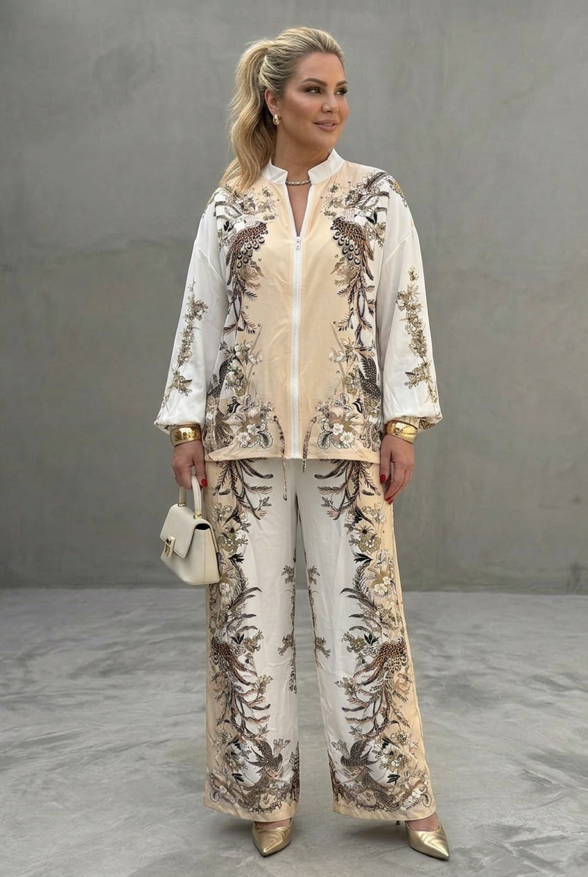 Mika | Zip Front Blouson Top Gedrukt Twee Delige Set
