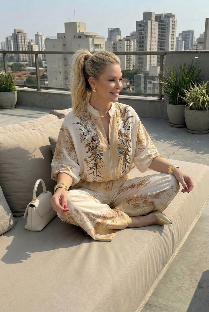 Mika | Zip Front Blouson Top Gedrukt Twee Delige Set