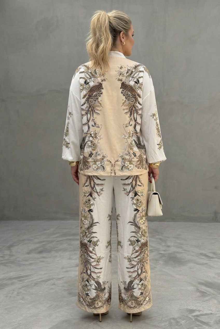 Mika | Zip Front Blouson Top Gedrukt Twee Delige Set