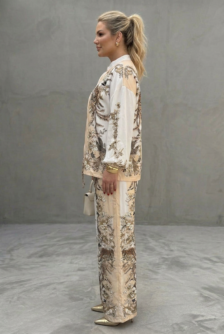 Mika | Zip Front Blouson Top Gedrukt Twee Delige Set