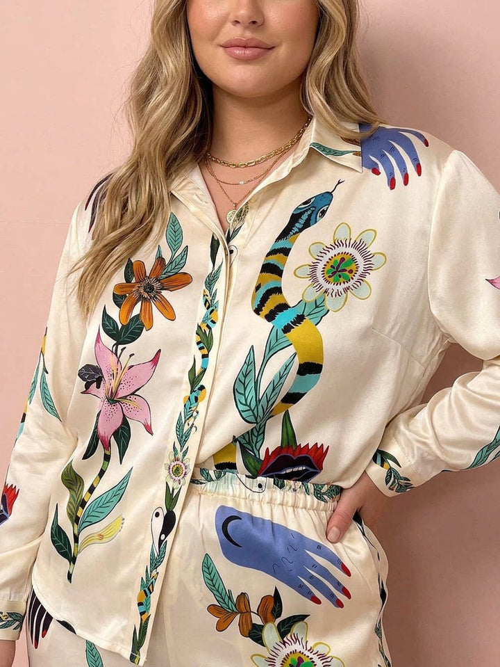 Ffion | Resort Vibes Satin unieke print shirt &amp; broek set Pasvorm
