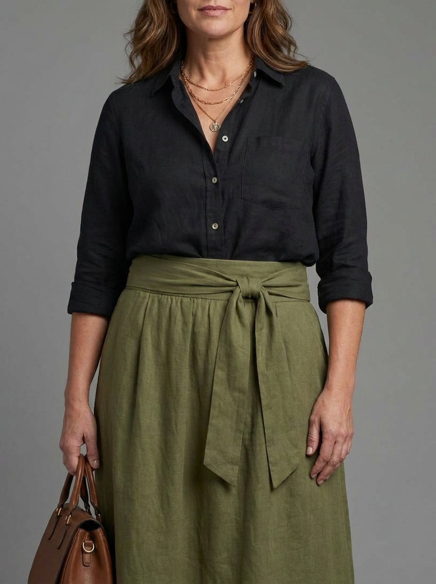 Tabitha | Twee-delig Set Zwarte Blouse Olijfgroene Midi Rok