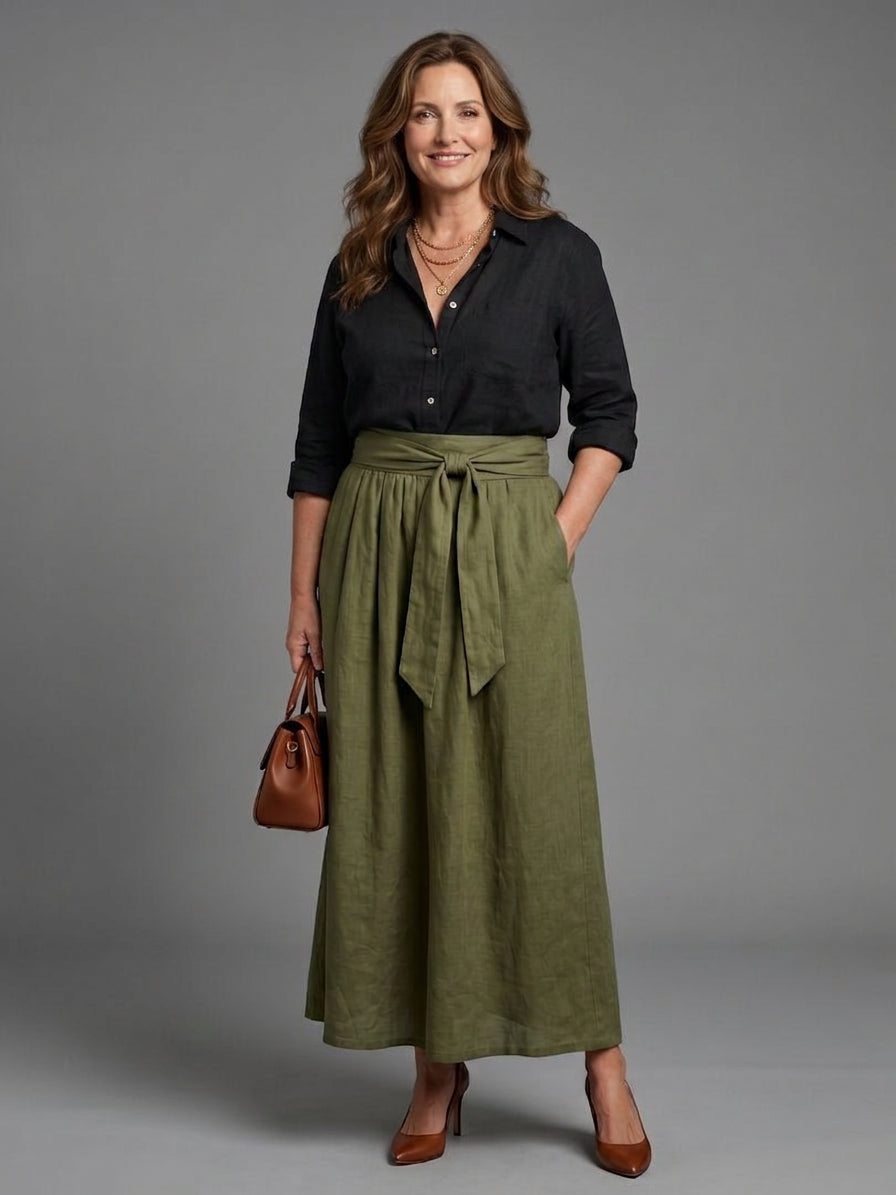 Tabitha | Twee-delig Set Zwarte Blouse Olijfgroene Midi Rok