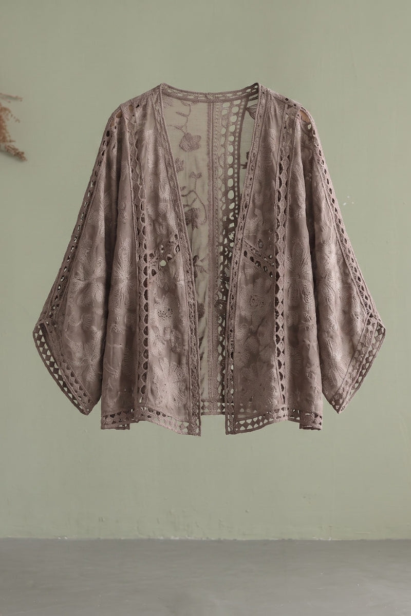 Niamh - Moderne Khaki Jacquard Hollow Out Katoenen Korte Cardigans