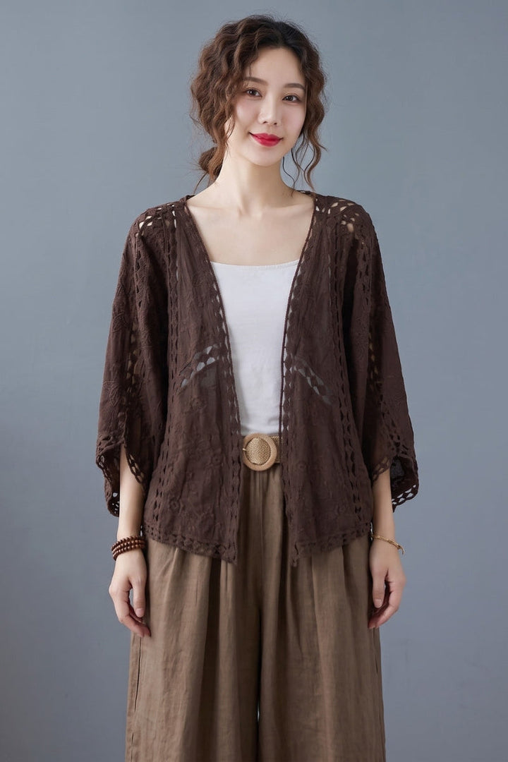 Niamh - Moderne Khaki Jacquard Hollow Out Katoenen Korte Cardigans