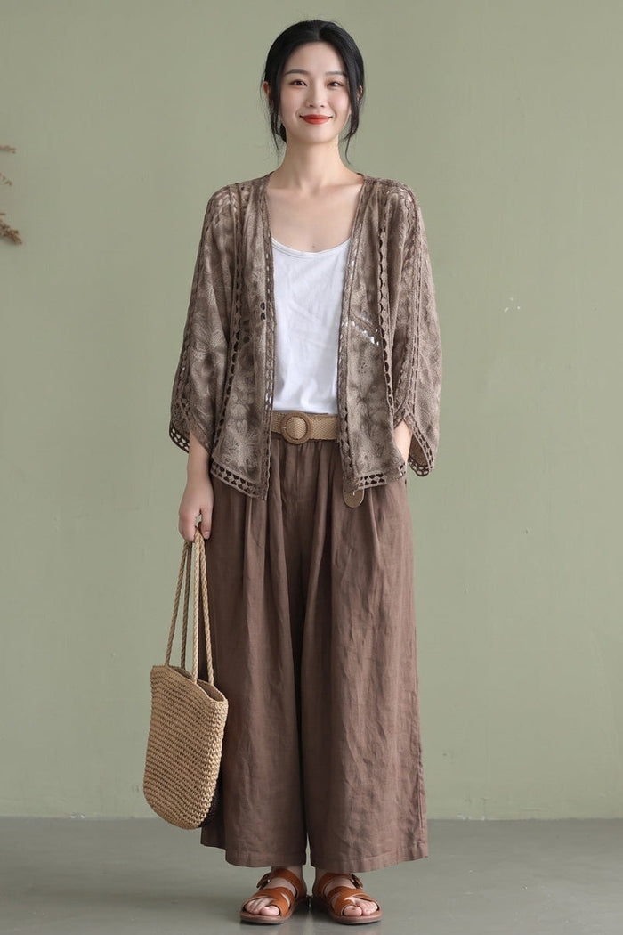 Niamh - Moderne Khaki Jacquard Hollow Out Katoenen Korte Cardigans