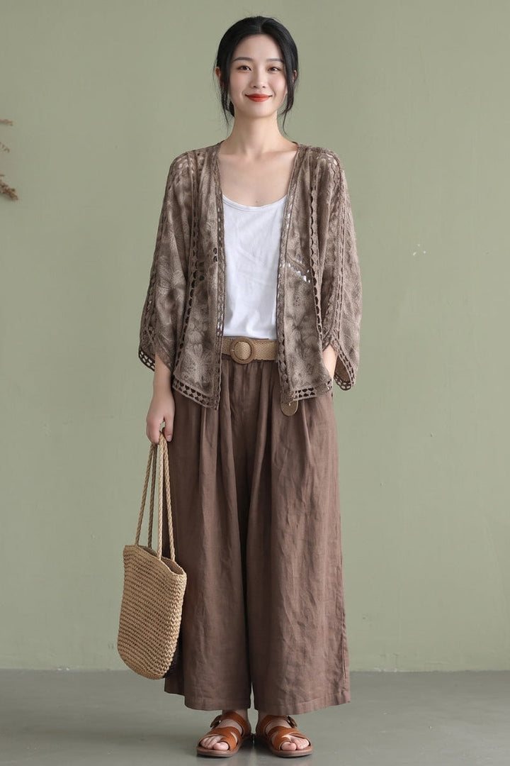 Niamh - Moderne Khaki Jacquard Hollow Out Katoenen Korte Cardigans