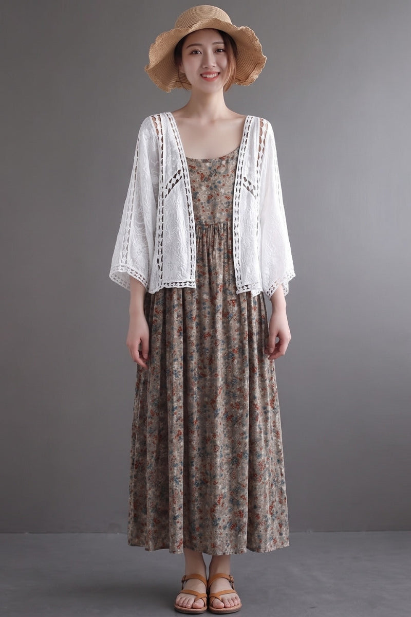 Niamh - Moderne Khaki Jacquard Hollow Out Katoenen Korte Cardigans