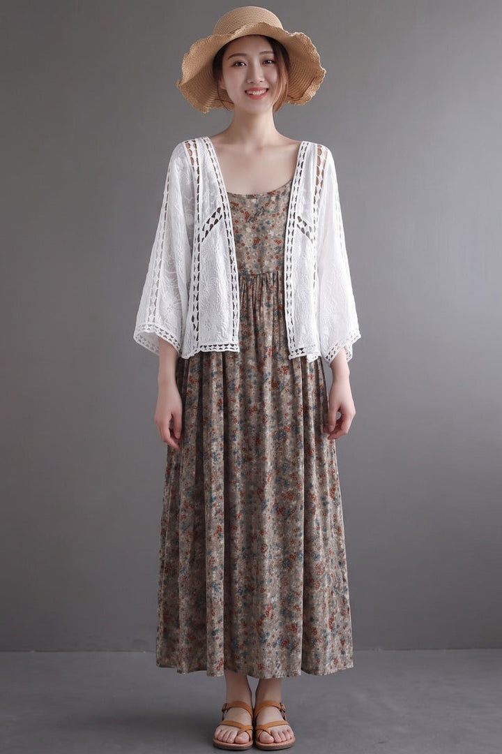 Niamh - Moderne Khaki Jacquard Hollow Out Katoenen Korte Cardigans