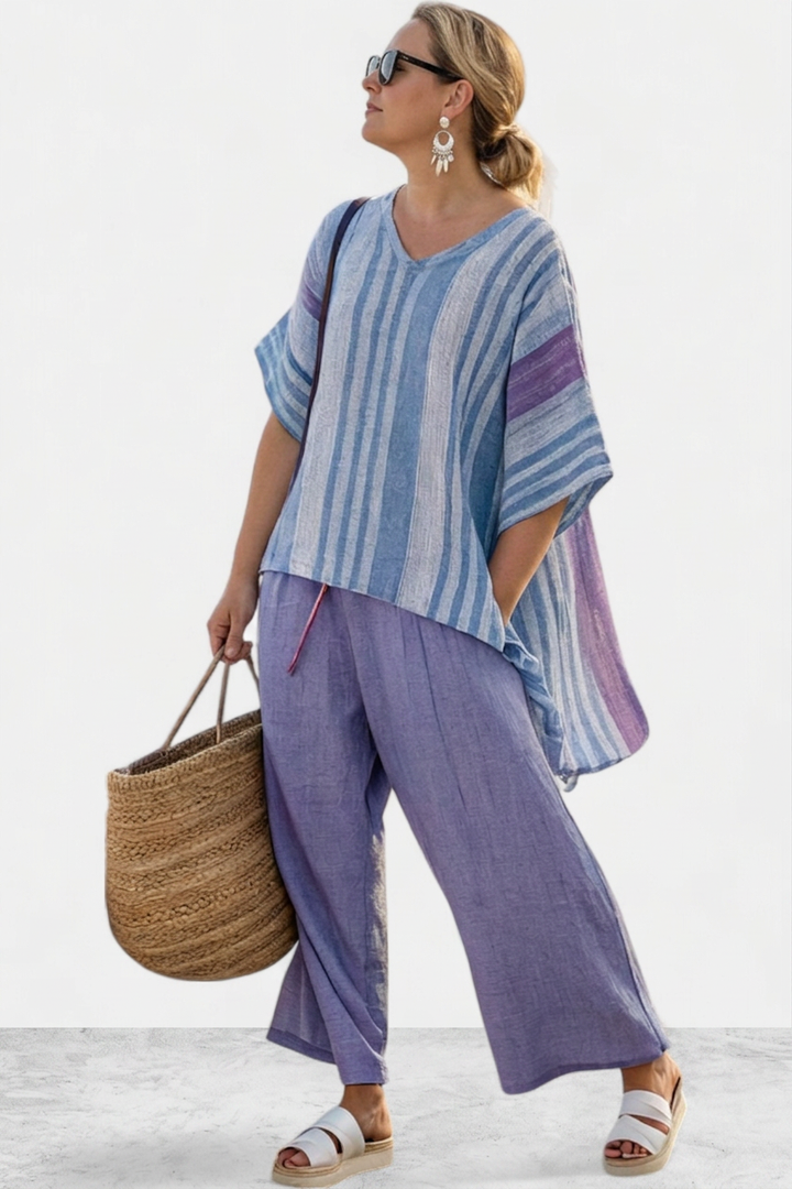 Vesper – Top Elegant in Lavendel &amp; Luchtblauw Met Linnen Broek