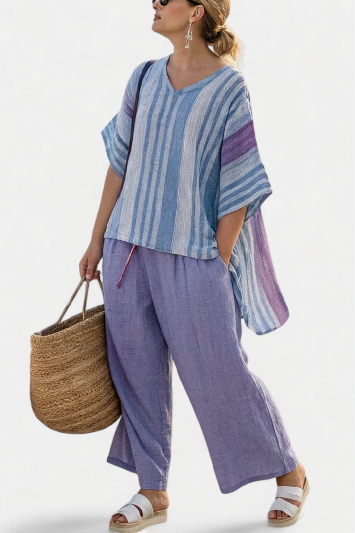 Vesper – Top Elegant in Lavendel &amp; Luchtblauw Met Linnen Broek