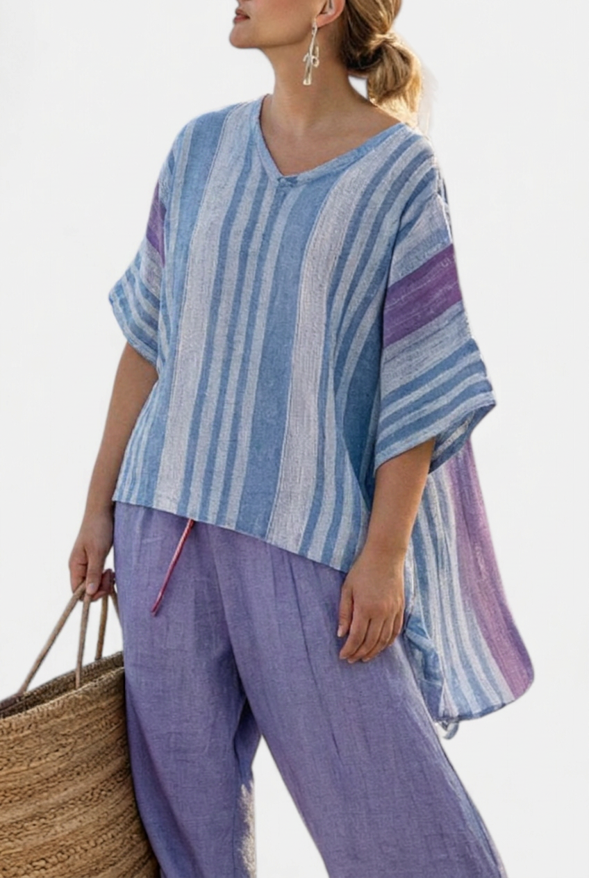 Vesper – Top Elegant in Lavendel &amp; Luchtblauw Met Linnen Broek