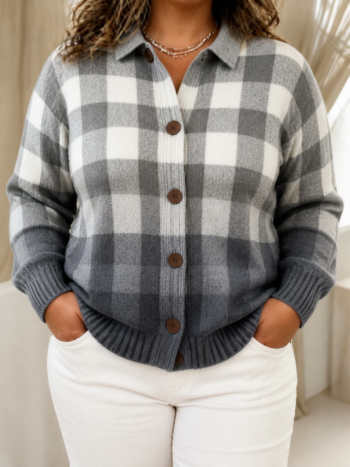 Dames Geruite Cardigan met Kraag en Knoopsluiting