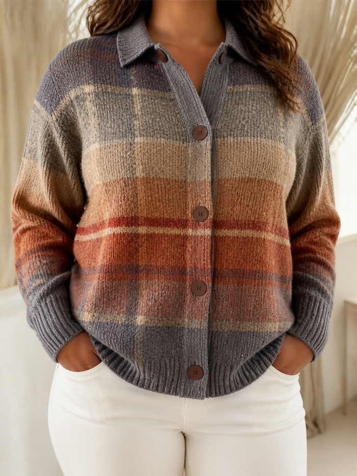 Dames Gestreepte Cardigan met Kraag en Knoopsluiting