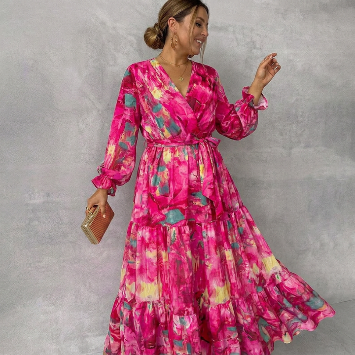 Petra | Dames Bloemen Wrap V-Hals Tiered Maxi Jurk met Strik Taille