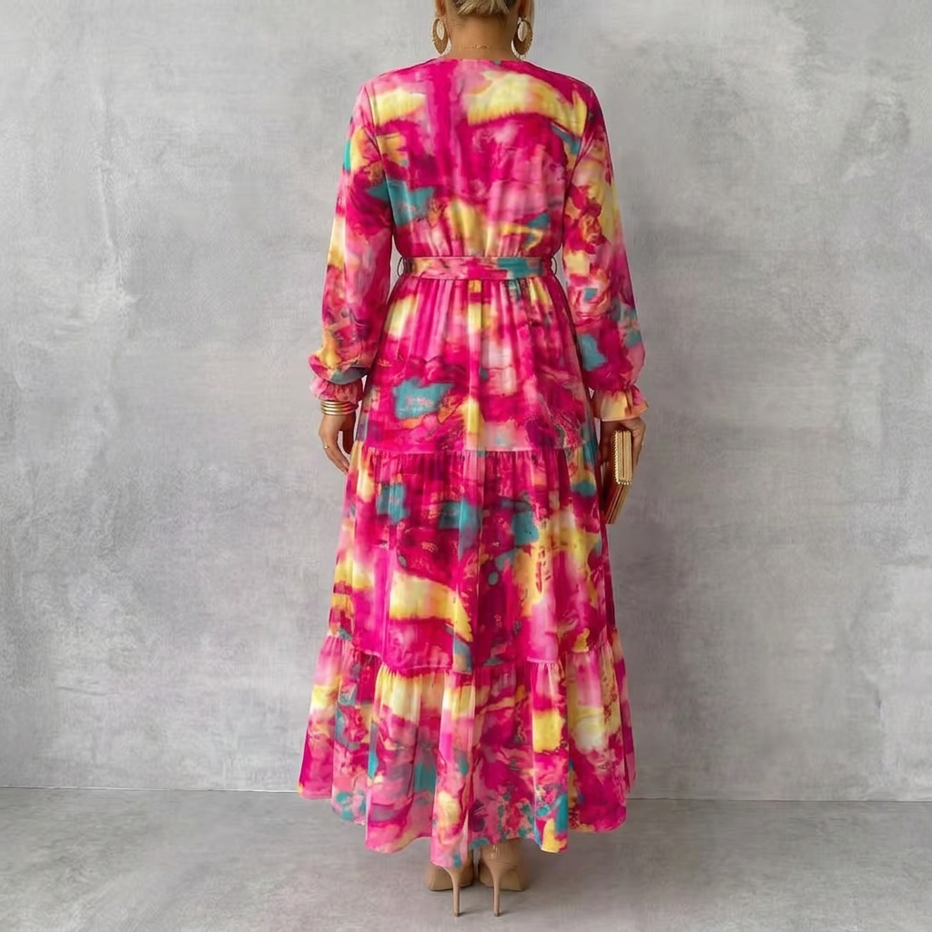 Petra | Dames Bloemen Wrap V-Hals Tiered Maxi Jurk met Strik Taille