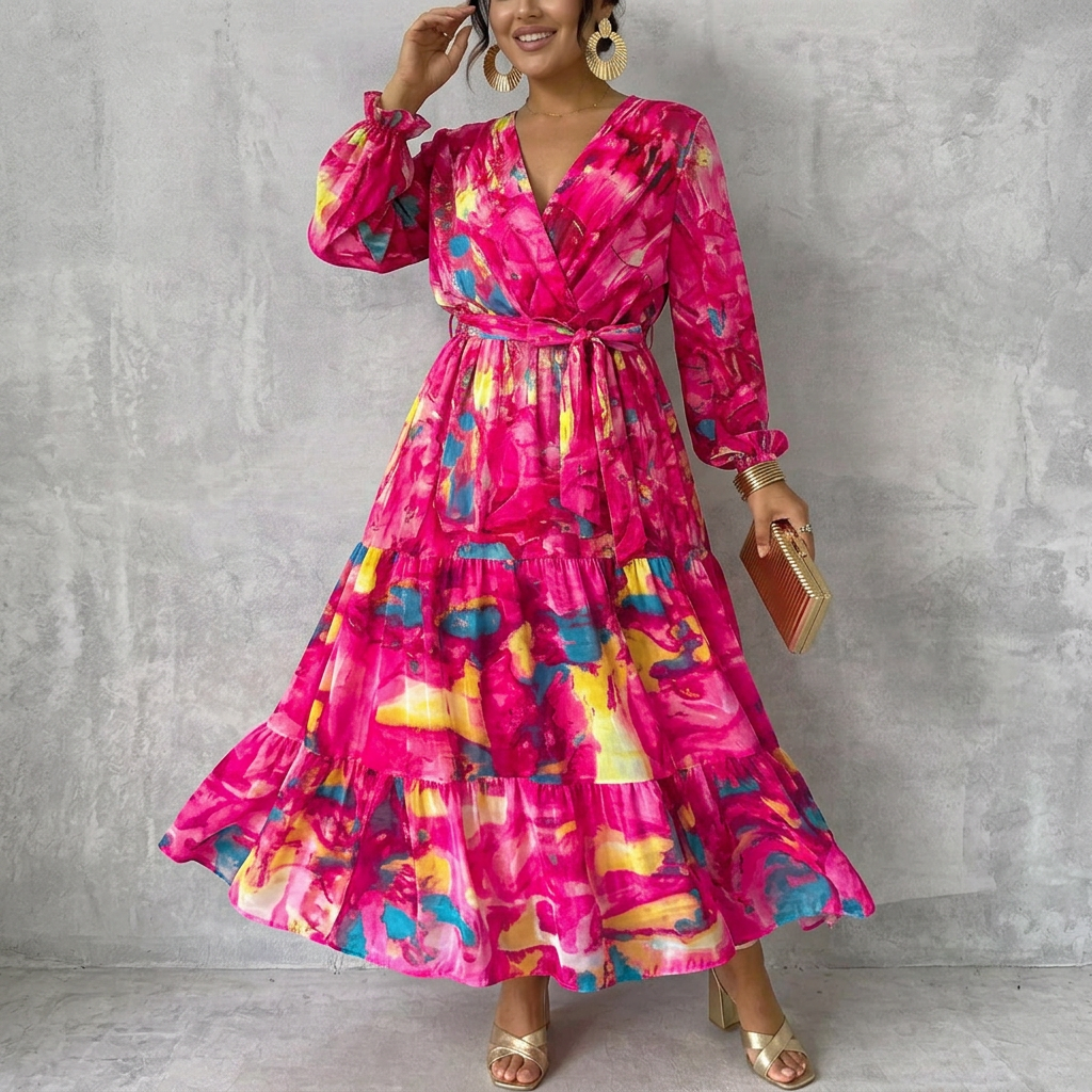 Petra | Dames Bloemen Wrap V-Hals Tiered Maxi Jurk met Strik Taille