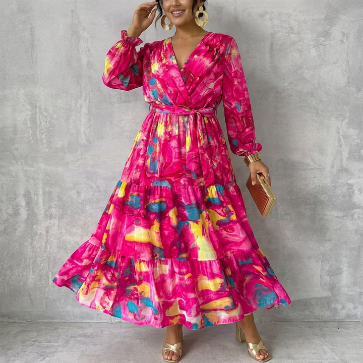 Petra | Dames Bloemen Wrap V-Hals Tiered Maxi Jurk met Strik Taille