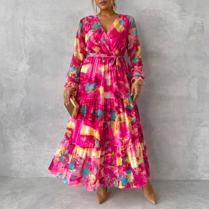 Petra | Dames Bloemen Wrap V-Hals Tiered Maxi Jurk met Strik Taille