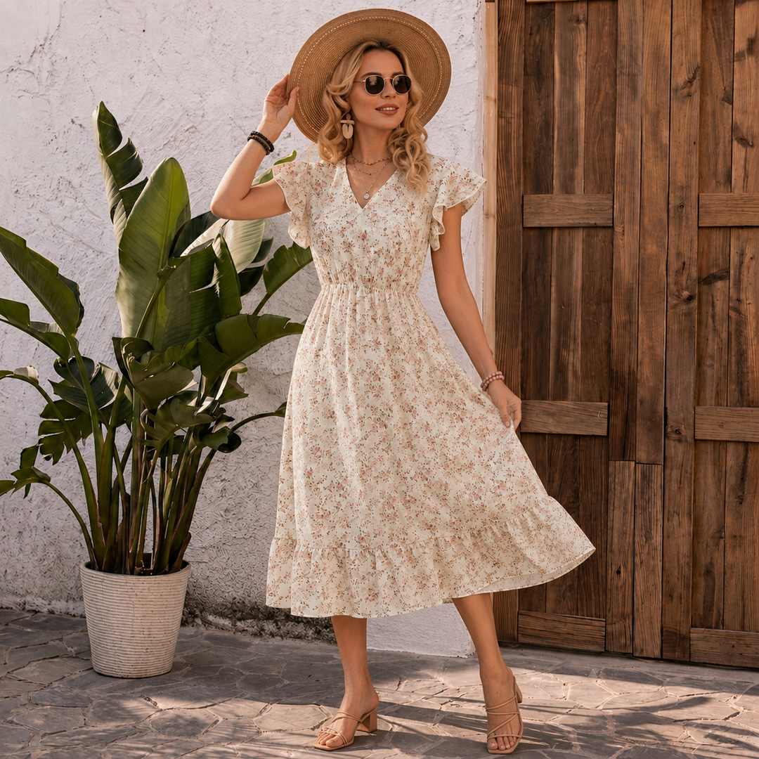 Pia - Bloemige V-Hals Smocked-Waist Ruffle Maxi Jurk