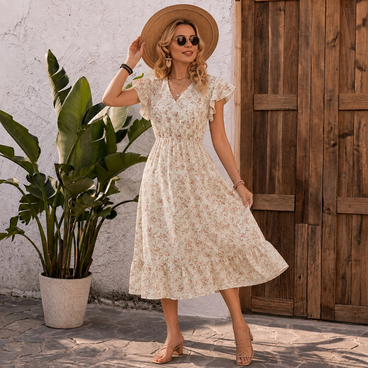 Pia - Bloemige V-Hals Smocked-Waist Ruffle Maxi Jurk