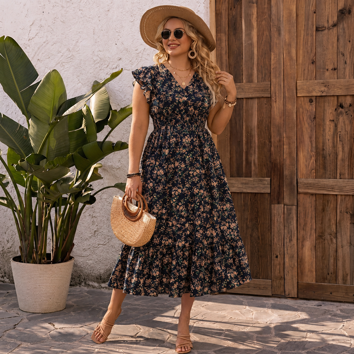 Pia - Bloemige V-Hals Smocked-Waist Ruffle Maxi Jurk