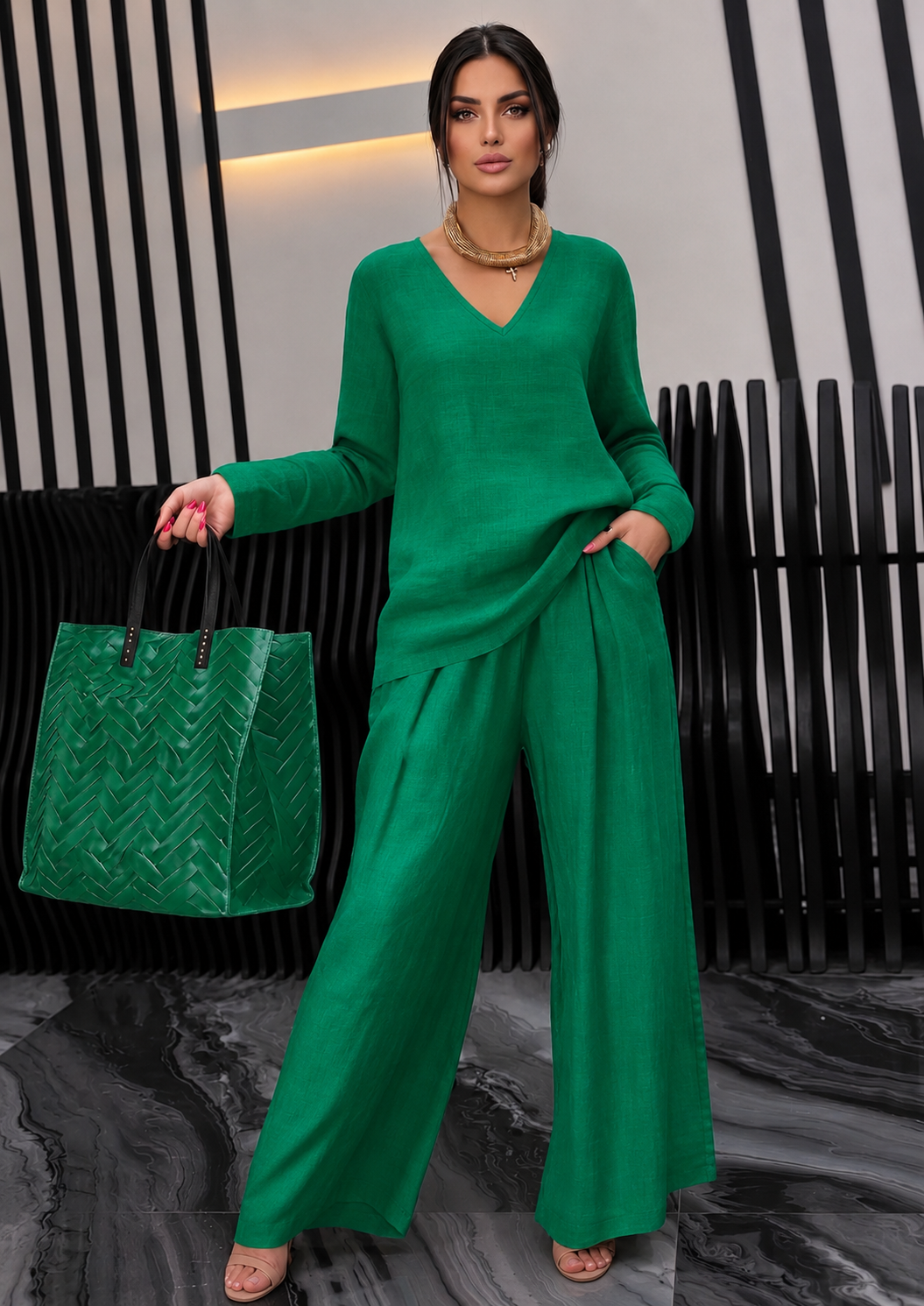 Pia - Dames Katoenen V-hals Co-Ord Set