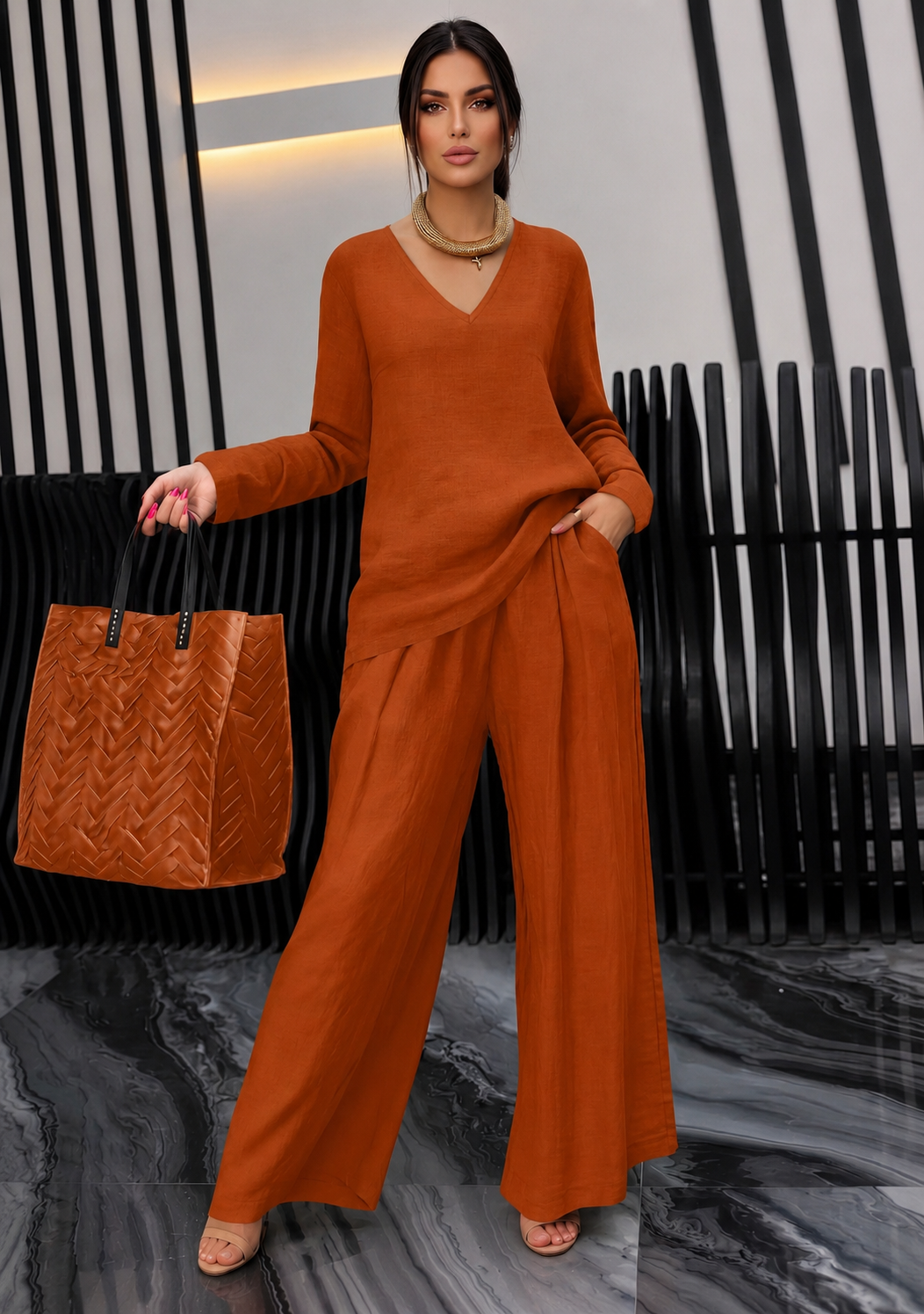 Pia - Dames Katoenen V-hals Co-Ord Set