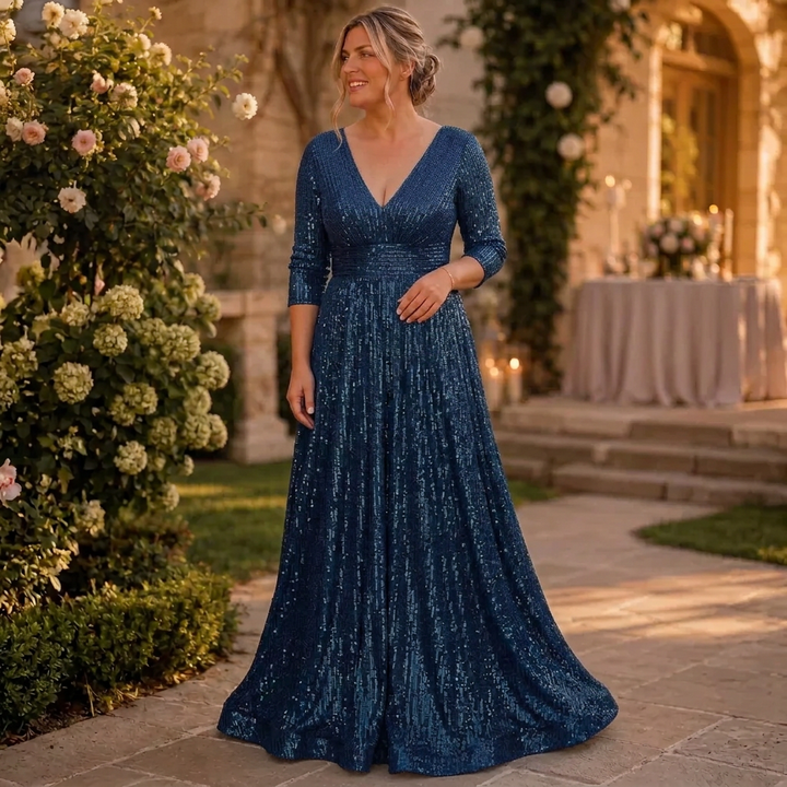 Rhea | Glitter V-Hals Flutter Mouw Versierde Taille Maxi Jurk