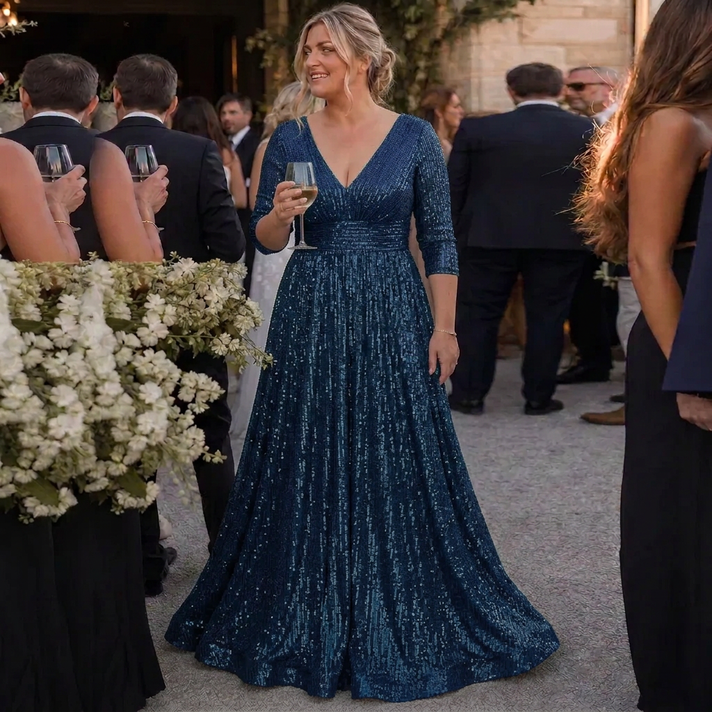 Rhea | Glitter V-Hals Flutter Mouw Versierde Taille Maxi Jurk