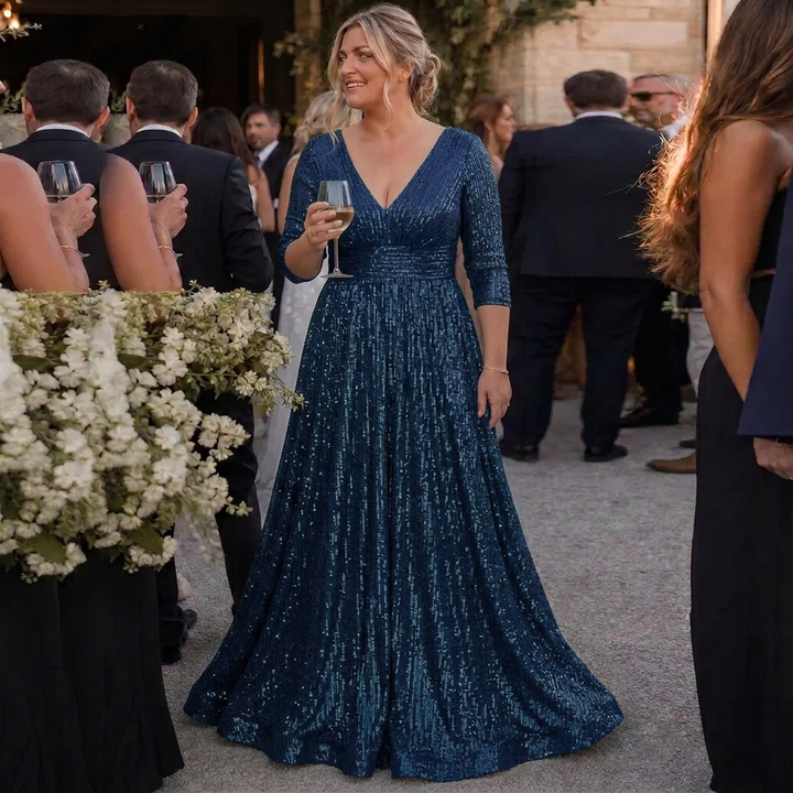 Rhea | Glitter V-Hals Flutter Mouw Versierde Taille Maxi Jurk