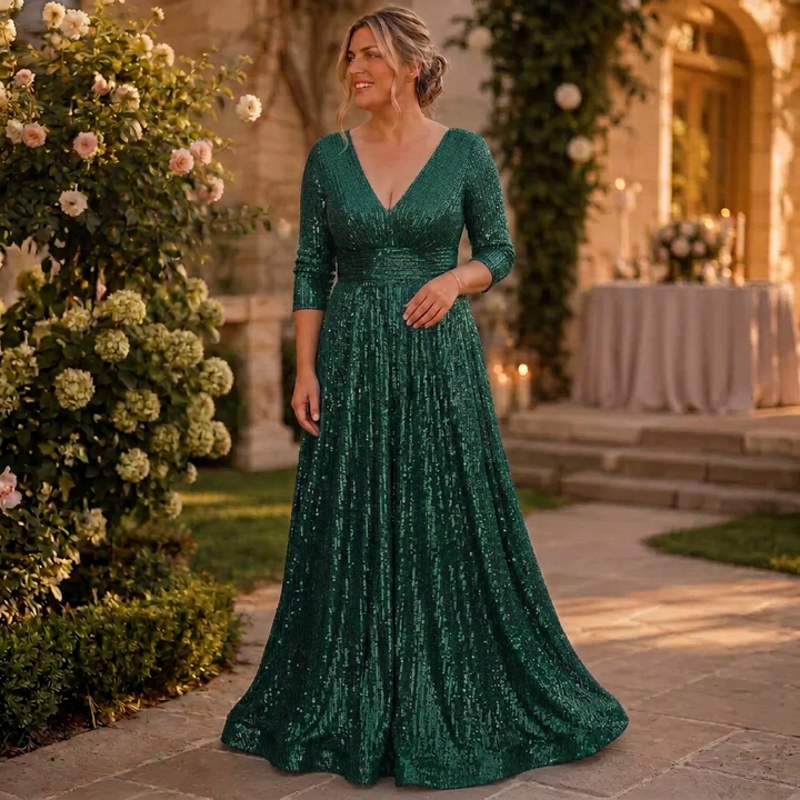 Rhea | Glitter V-Hals Flutter Mouw Versierde Taille Maxi Jurk