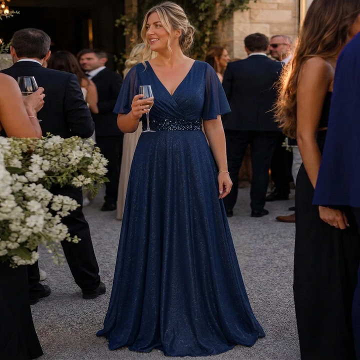 Rhea | Glitter V-Hals Flutter Mouw Versierde Taille Maxi Jurk