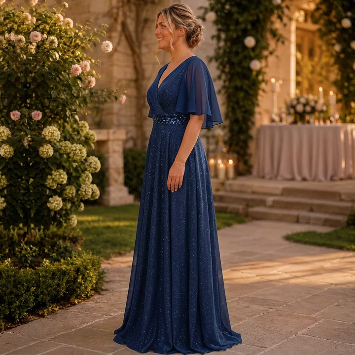 Rhea | Glitter V-Hals Flutter Mouw Versierde Taille Maxi Jurk