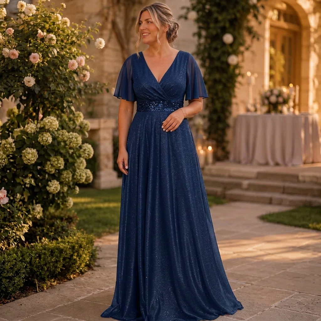 Rhea | Glitter V-Hals Flutter Mouw Versierde Taille Maxi Jurk