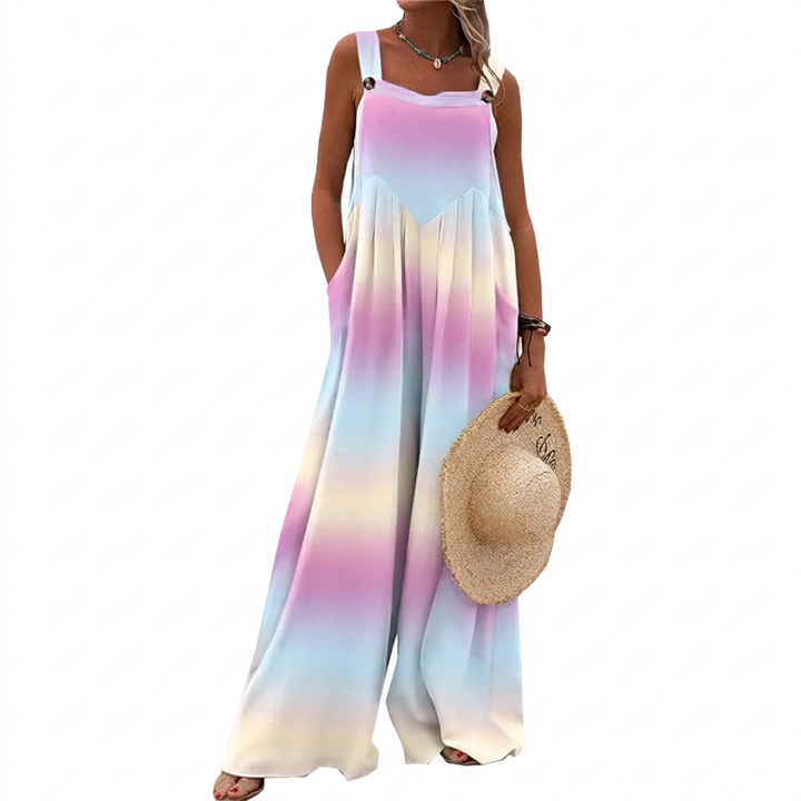 Rosa Geprinte Wijde Pijpen Overall Jumpsuit met Zakjes