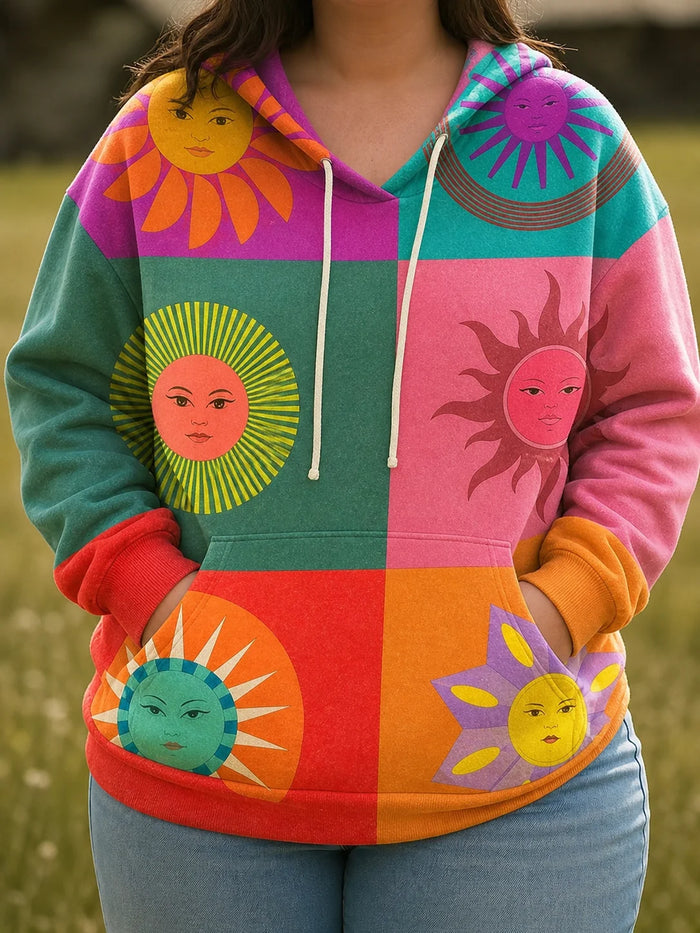 Dames Hoodie met Kleurenblokken en Zon Graphic Print