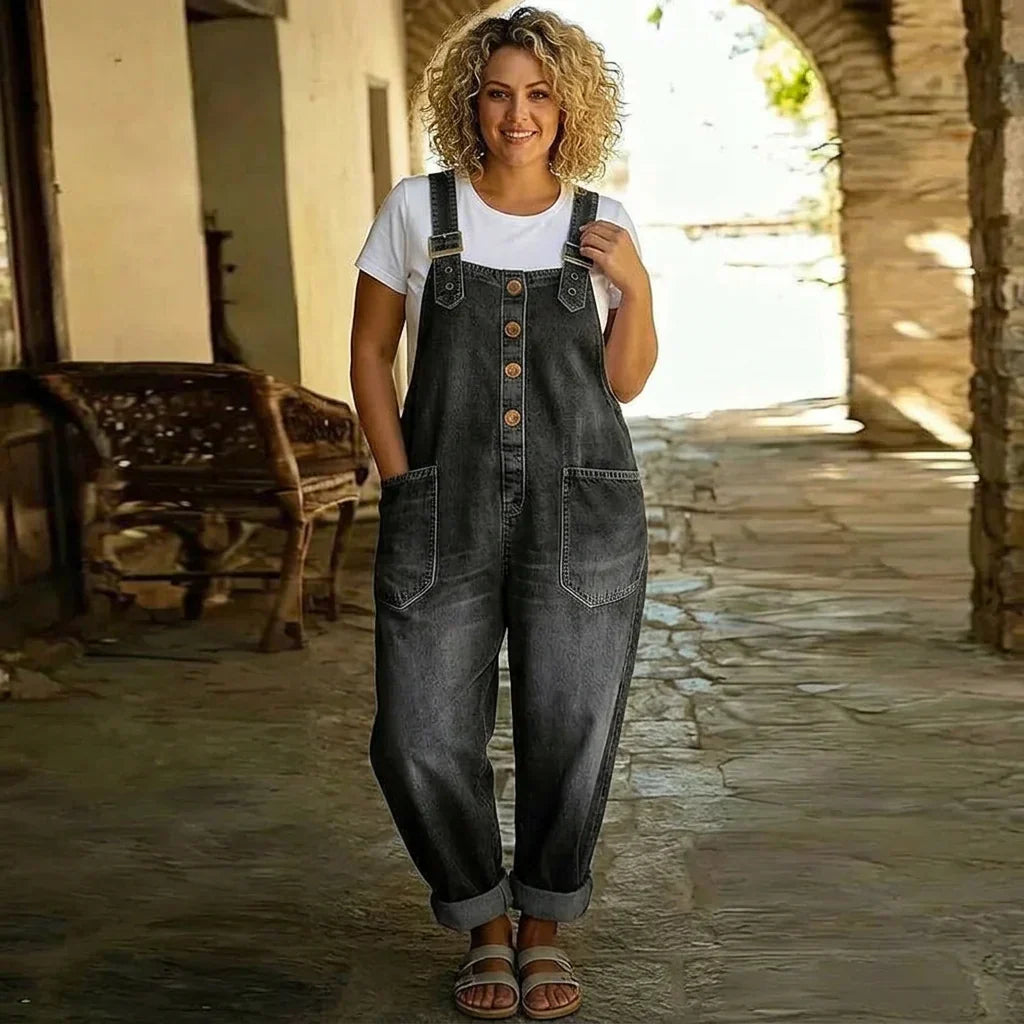 Demi | Vintage Zachte Katoenen Denim-Look Draagbare Overalls met Verstelbare Bandjes