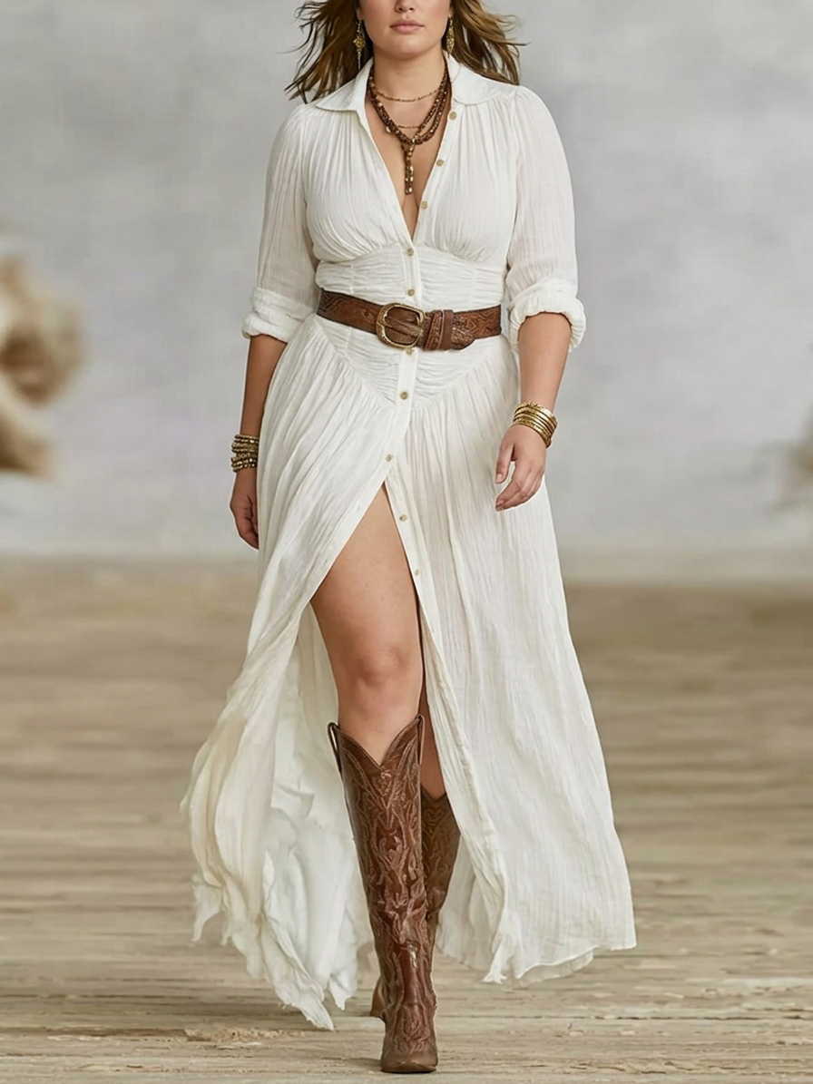 Juno | Dames Katoenen Gazen Rimpel Knopen Maxi Jurk Boho