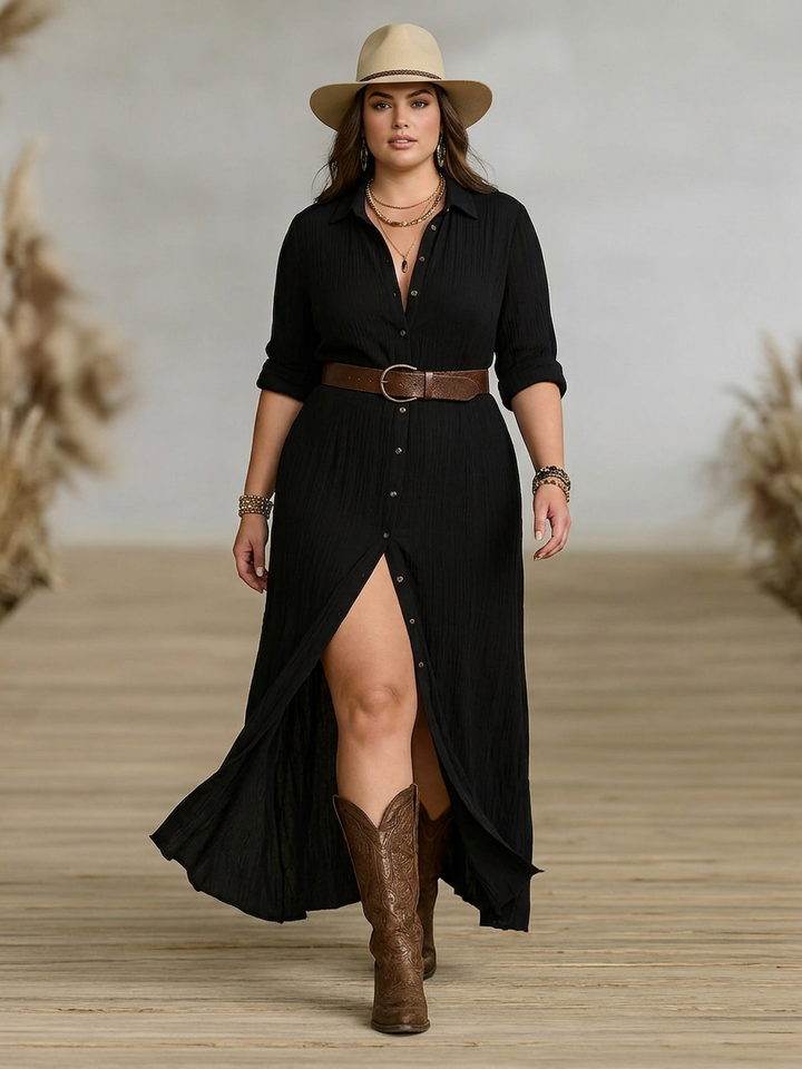 Juno | Dames Katoenen Gazen Rimpel Knopen Maxi Jurk Boho